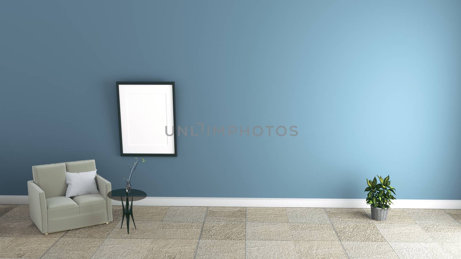 Modern interior of living room with armchairs on dark blue wall. 3D rendering