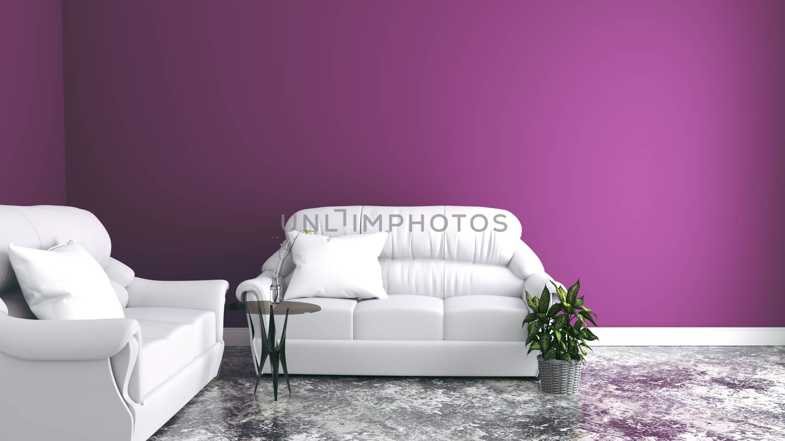 Sofas in the living room, pink walls. 3D rendering