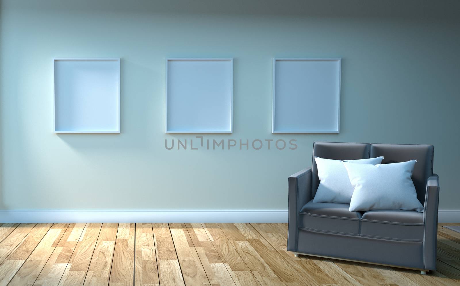 Sofa and picture, wooden floor on empty white wall background. 3 by Minny0012011@hotmail.com