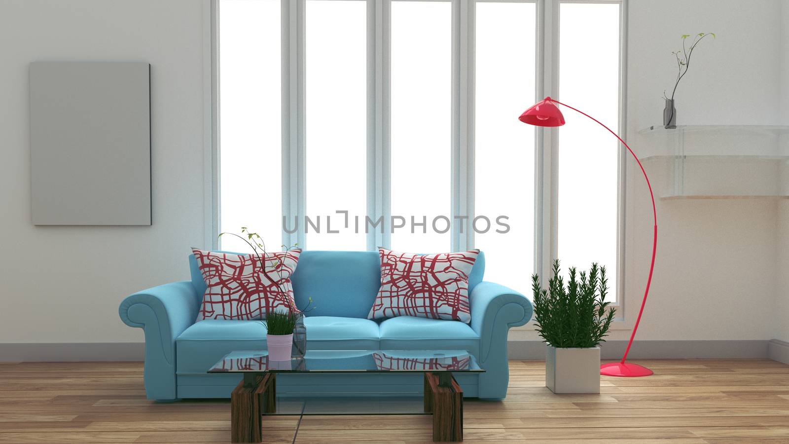 Modern room interior with blue sofa and table and lamp on white  by Minny0012011@hotmail.com