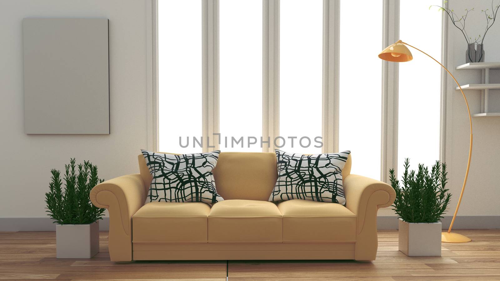 Modern room interior with yellow sofa and plants on white room.  by Minny0012011@hotmail.com
