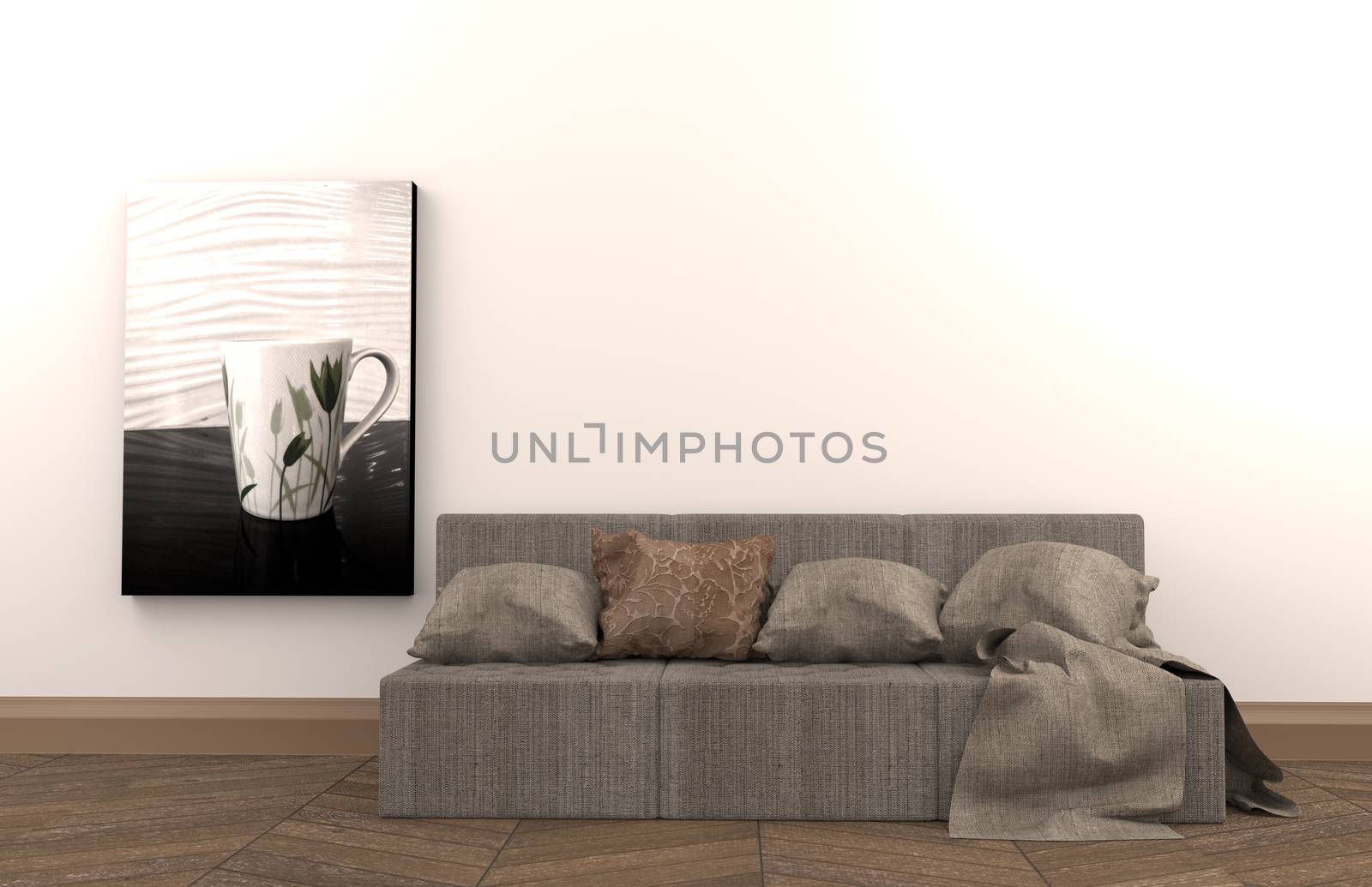 The interior has a sofa and frame on empty white wall background,3D rendering