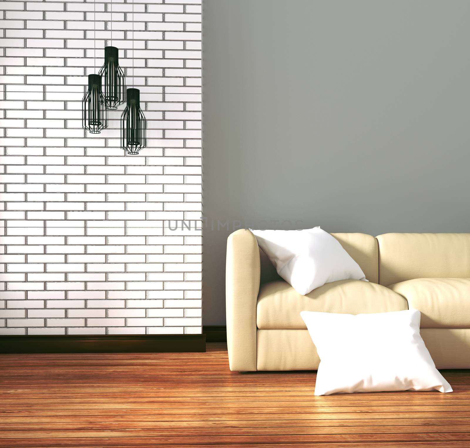 White brick room - loft style. 3D renderin