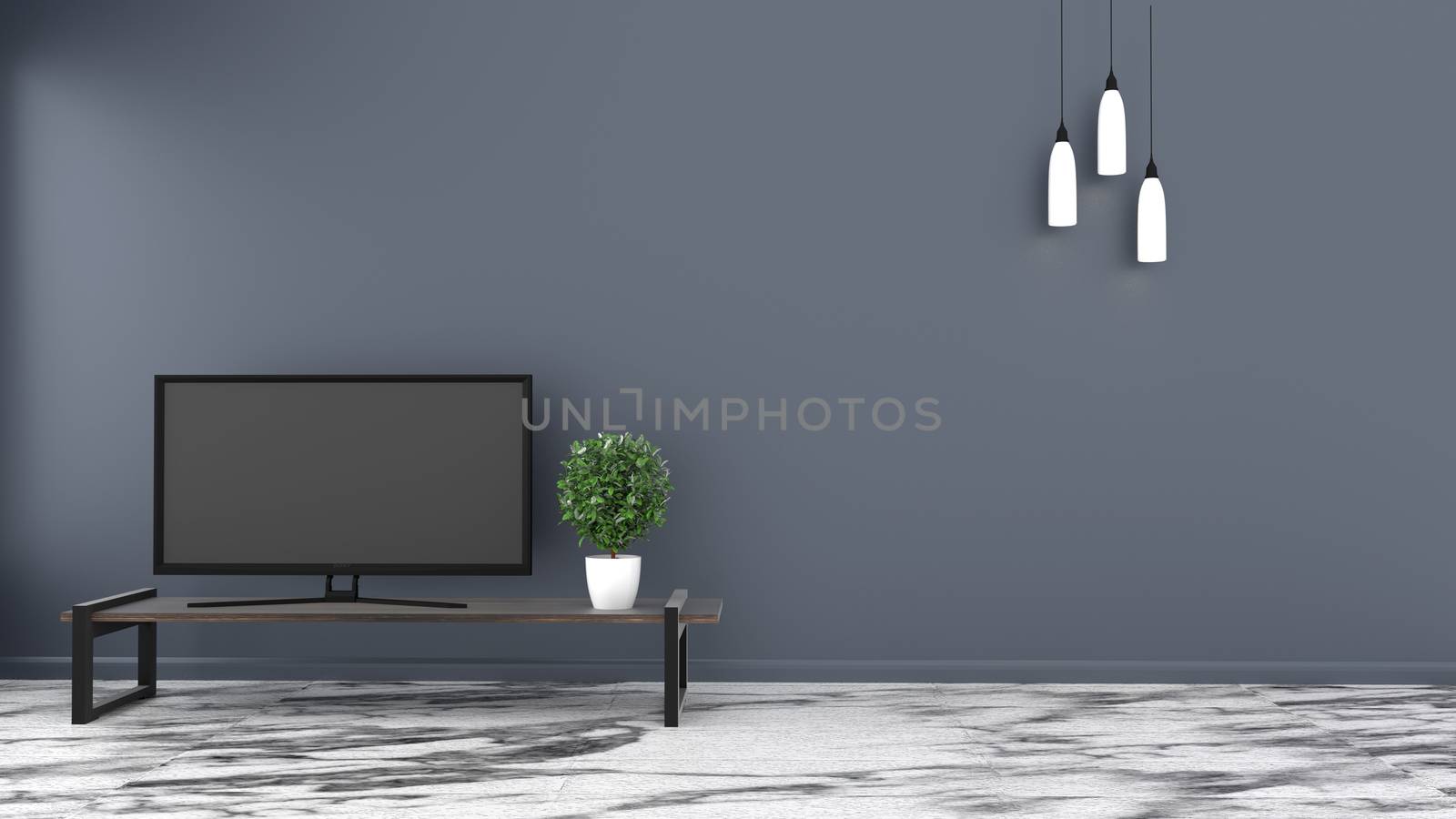 TV, Empty room stone floor on dark wall background. 3D rendering
