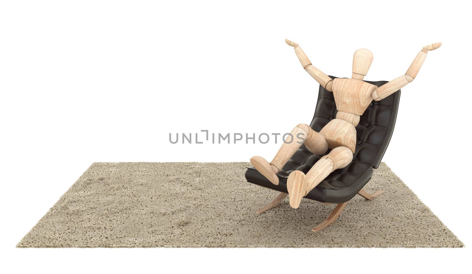 Wooden Dummy Siting on the couch and put your hand up . 3D rendering