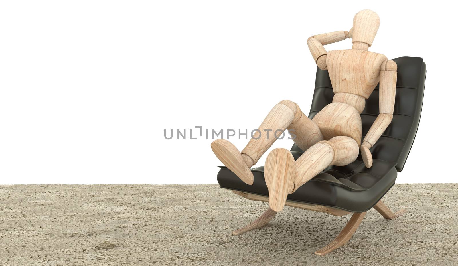 Wooden dummy siting on the couch. 3D rendering