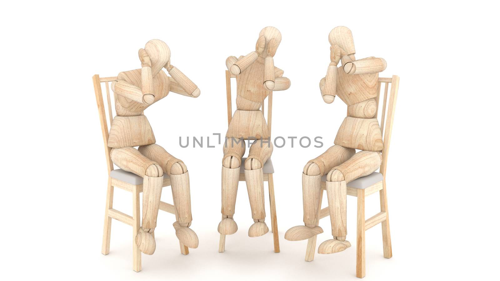 Three wooden puppets. 3D rendering