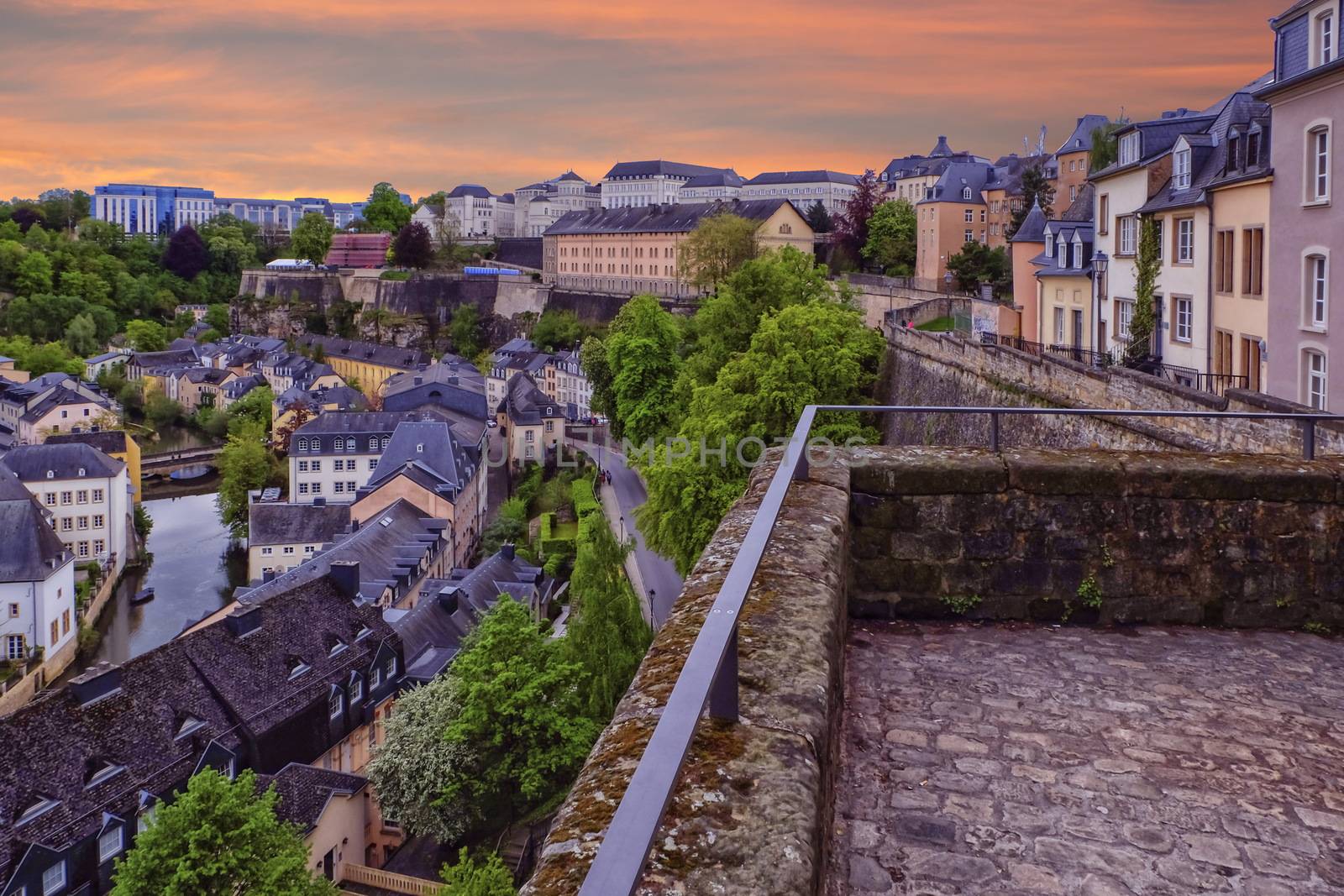 View on Old Town and Corniche in Luxembourg City from top view by sunset