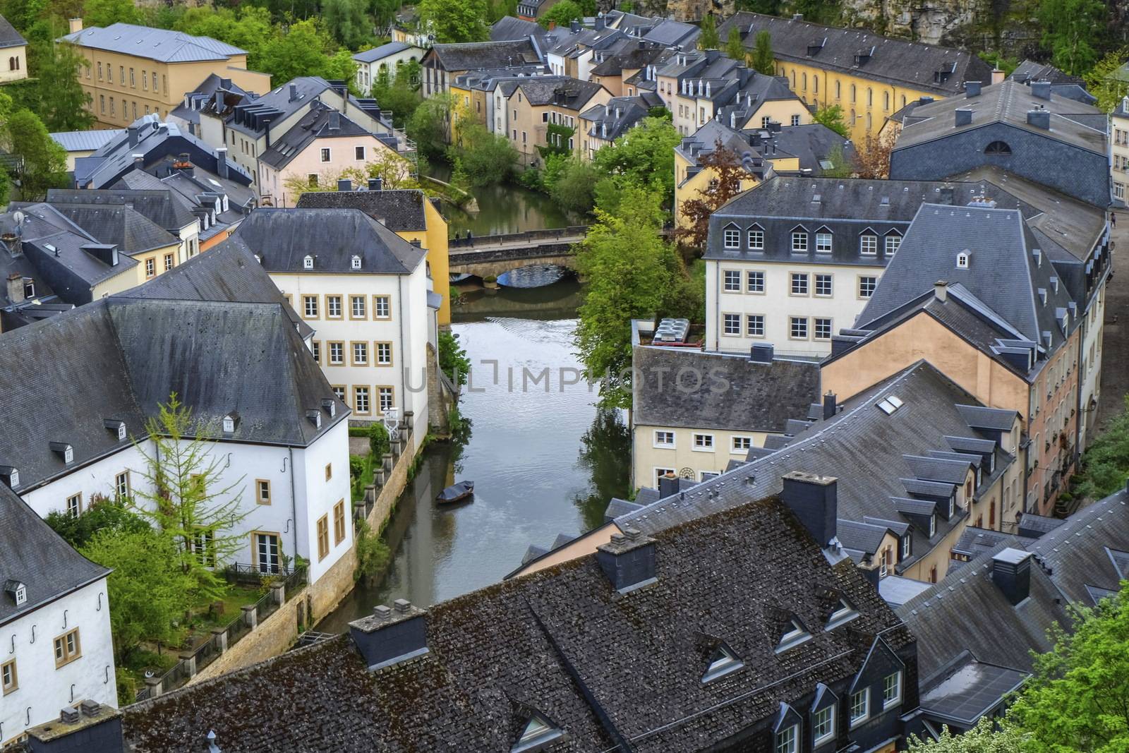 Alzette river and Old Town Luxembourg City from top view by day