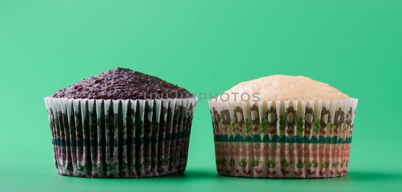 Delicious sweet vanilla and chocolate cupcake, green background