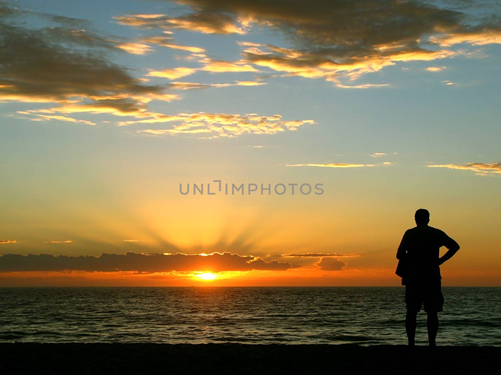 In images An elderly man watches a beautiful sunset at the sea. The man sits motionless with his back to the camera and admires the bright colors of the sunset.