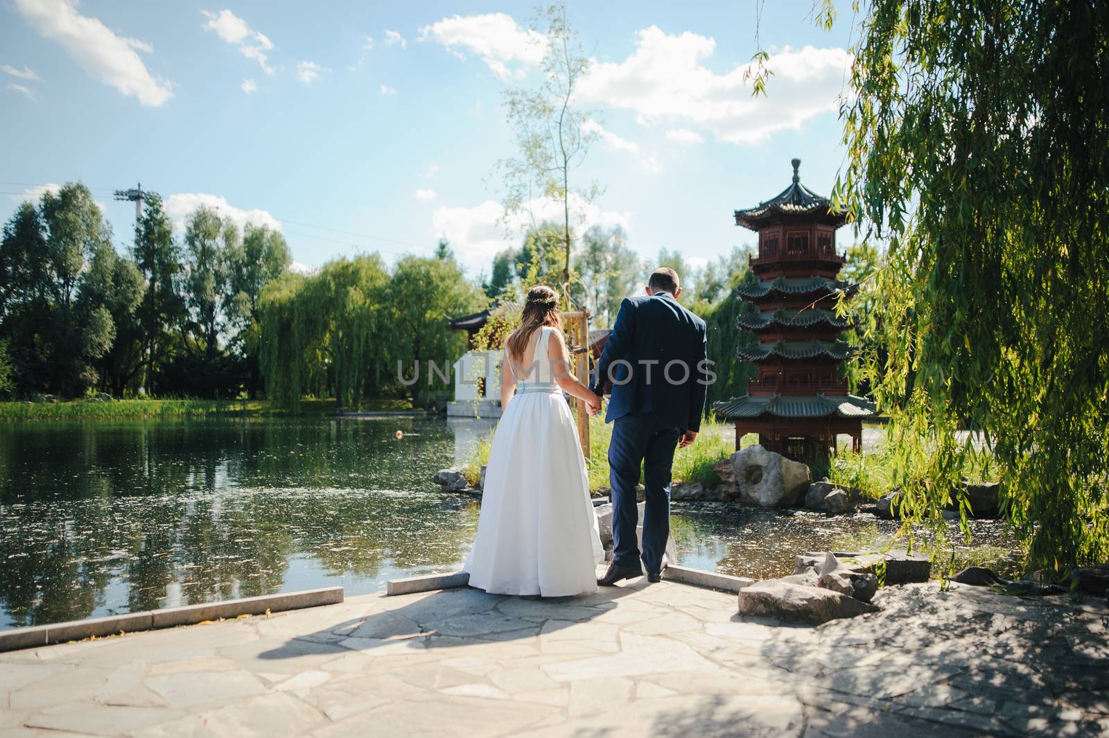 Bride and groom at a photo session in the nature.