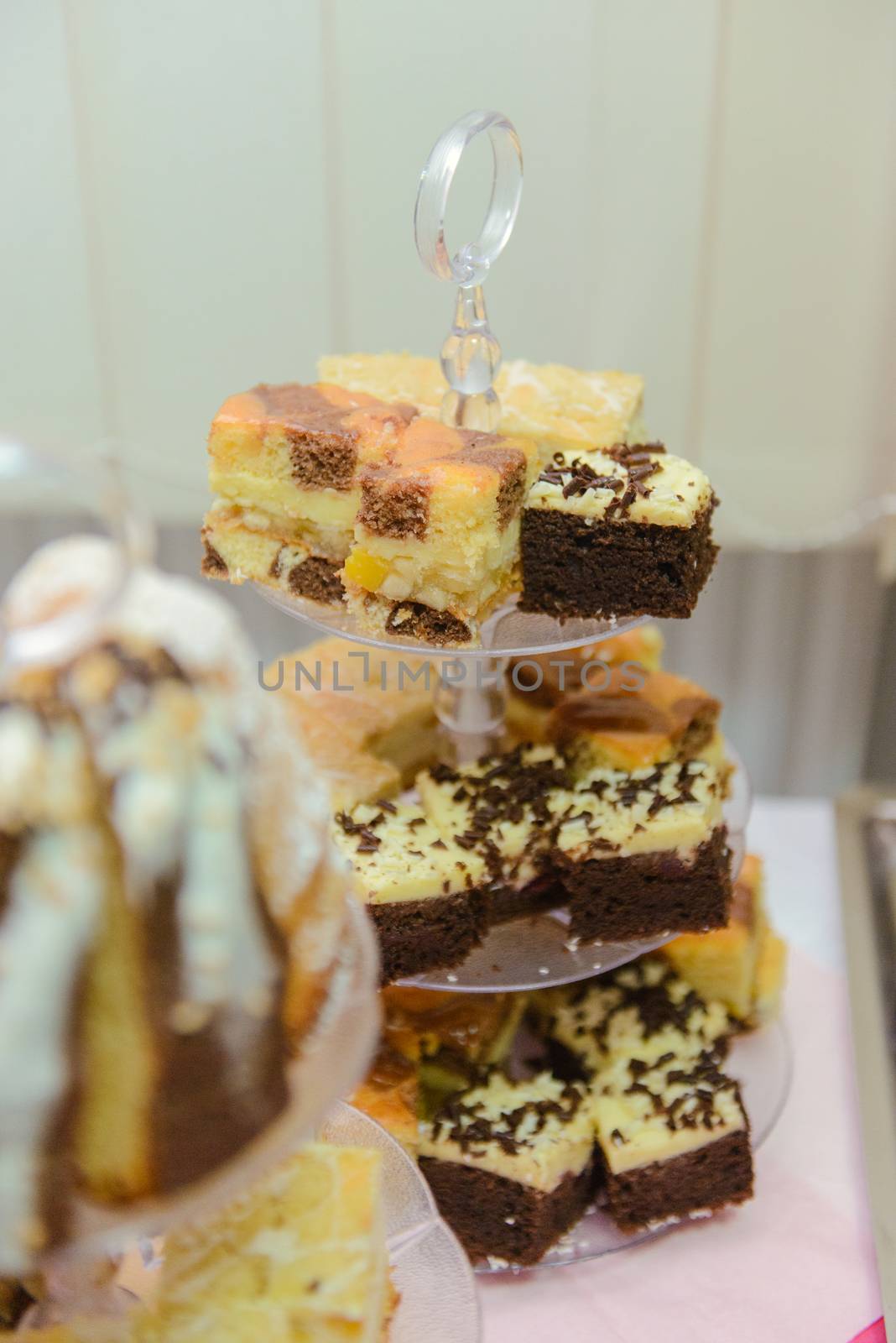 Delicious sweets on candy buffet. Wedding bakes on trays.