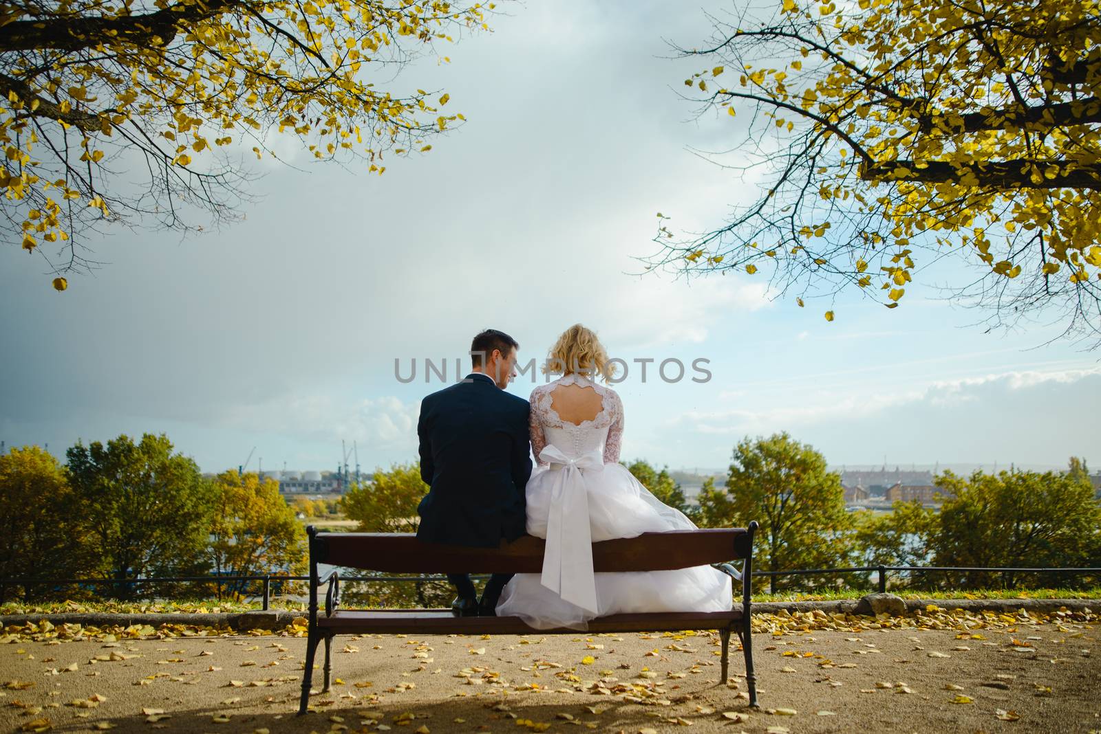 Bride and groom at a photo session in the nature.