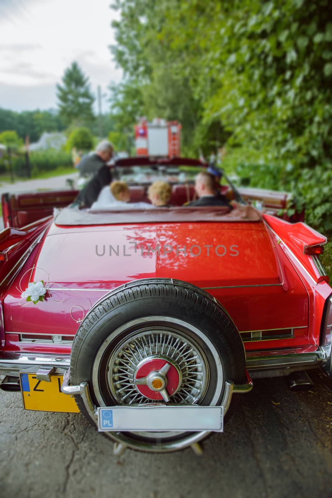 Luxury wedding car decorated with beautiful flowers. Brides and grooms wedding day