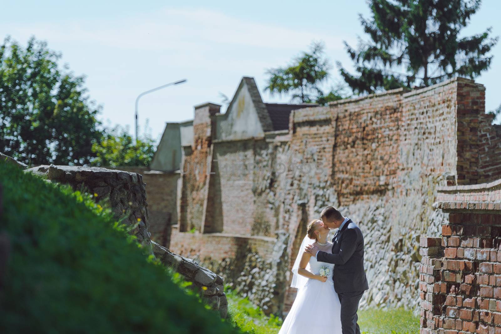 Bride and groom at a photo session in the nature.