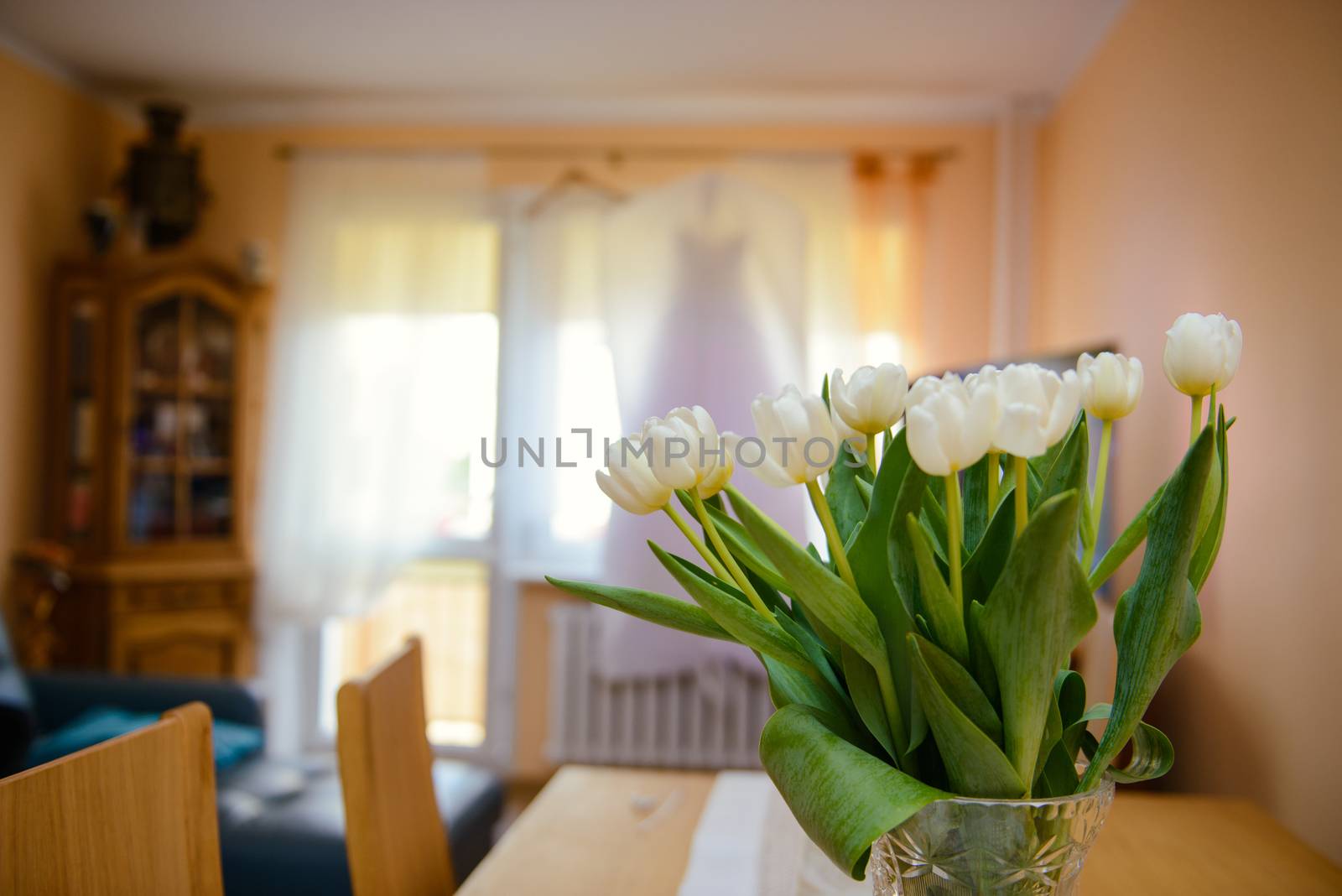 Bridesmaid helping slender bride lacing her wedding white dress, buttoning on delicate lace pattern with fluffy skirt on waist. Morning bridal preparation details newlyweds. Wedding day moments, wear.