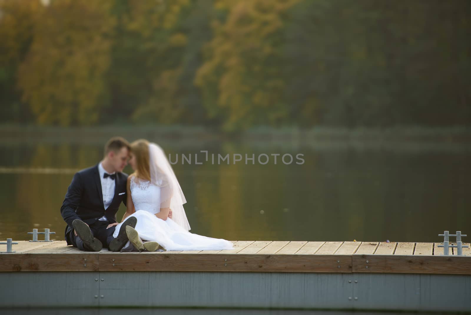 Bride and groom at a photo session in the nature. Lake and pier.