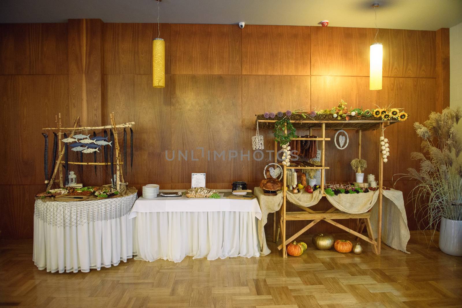 traditional polish rural table with food at the wedding.