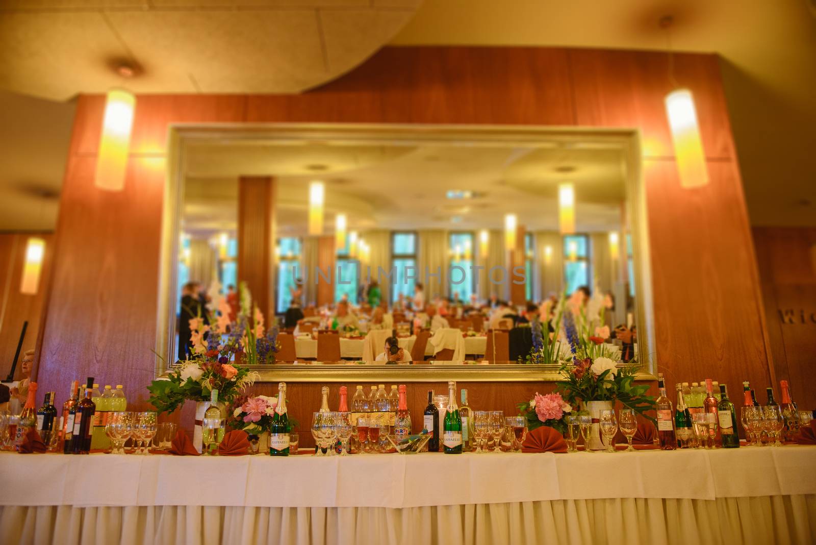Delicious sweets on candy buffet. Wedding bakes on trays.