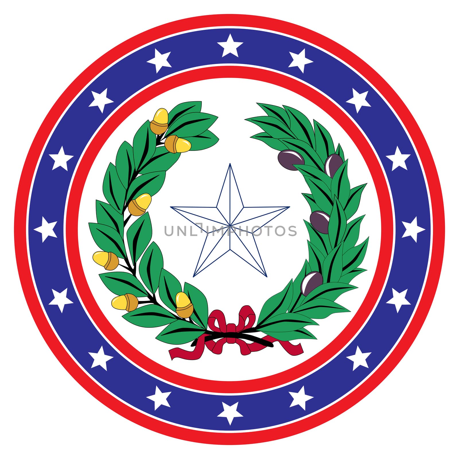 A red white and blue star spangled circle with Texan icon background over a white copy space background