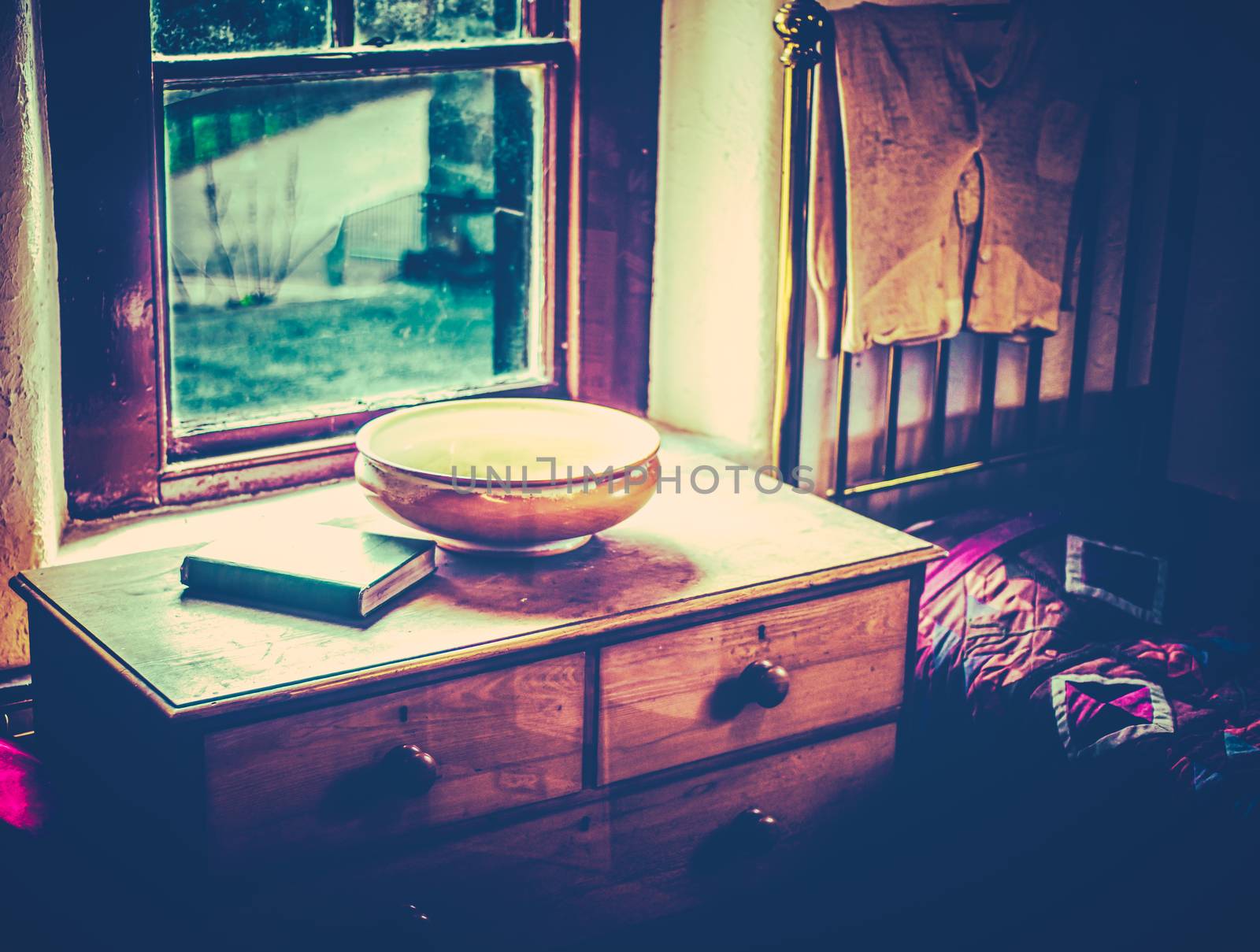 Old Fashioned 19th Century Bedroom Scene With Long Johns, Wash Basin And Bible