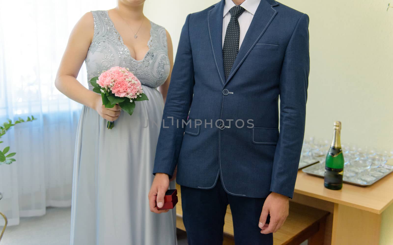 Bride and groom at church wedding during ceremony. Beautiful decoration