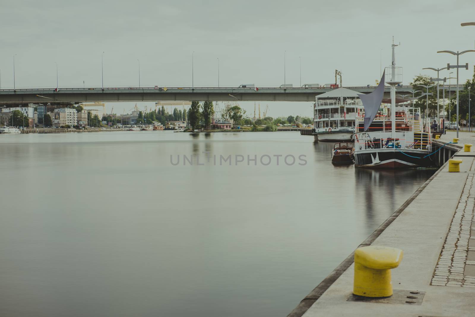 Moored sailing ships in Szczecin at The Chrobry Embankment area