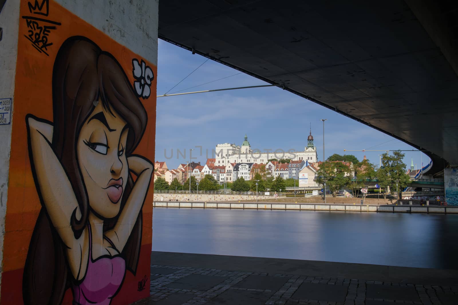 Cityscape with Odra river. Szczecin historical city with architectural layout similar to Paris. Castle of Pomeranian dukes in Szczecin and Basilica of Saint James