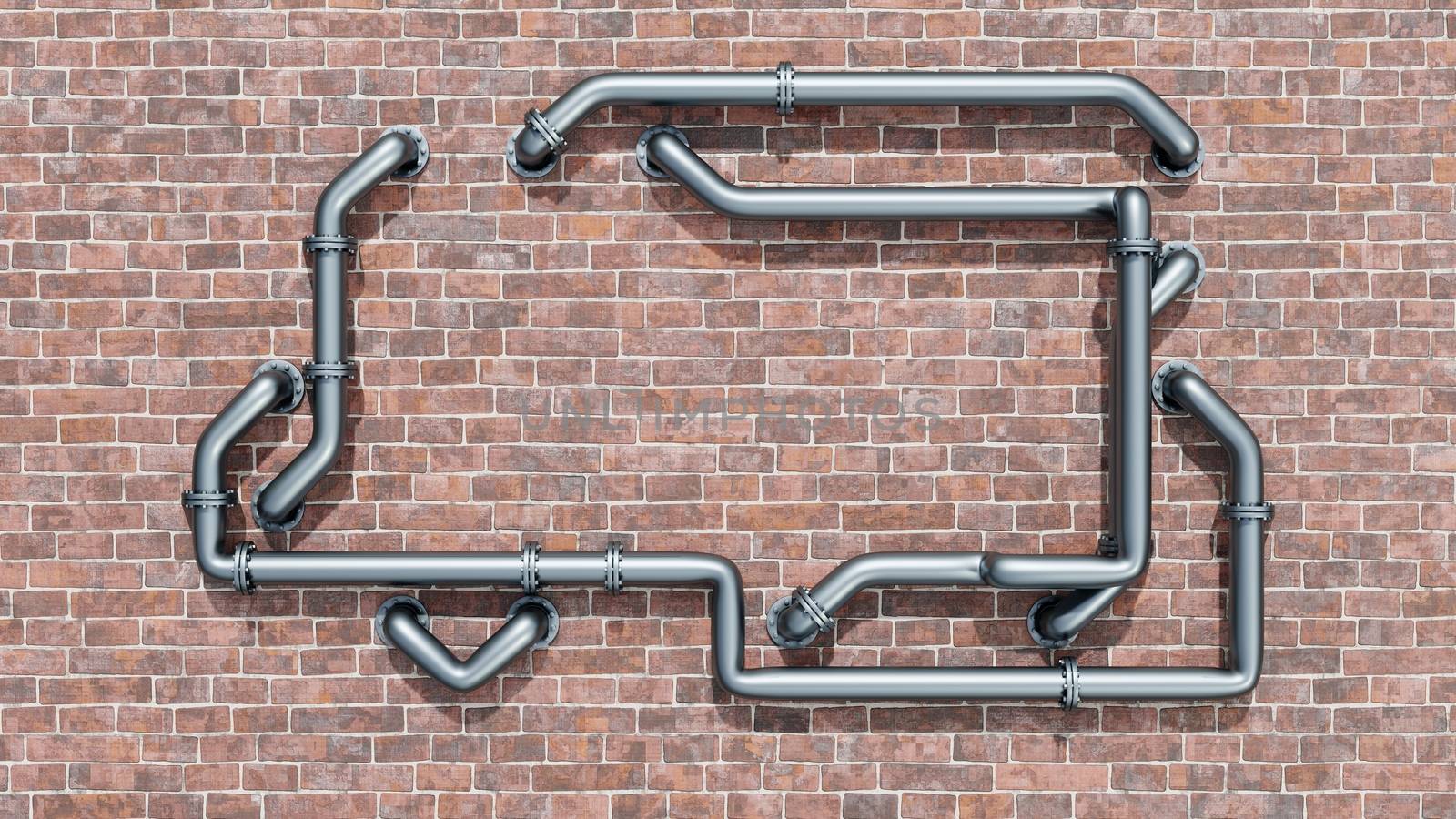 Empty space on a red brick wall is entangled in metal pipes by cherezoff