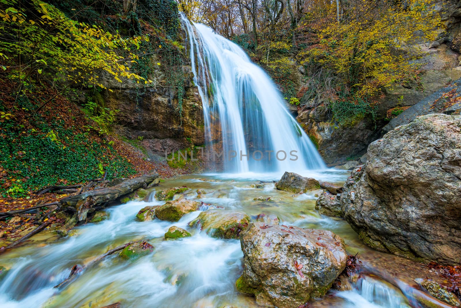 Fast full-flowing waterfall Jur-Jur in the mountains of Crimea, by kosmsos111