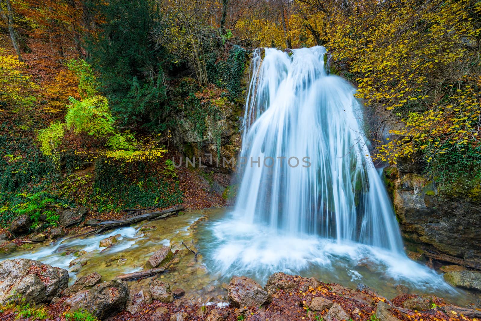 Fast full-flowing waterfall Jur-Jur in the mountains of Crimea, by kosmsos111