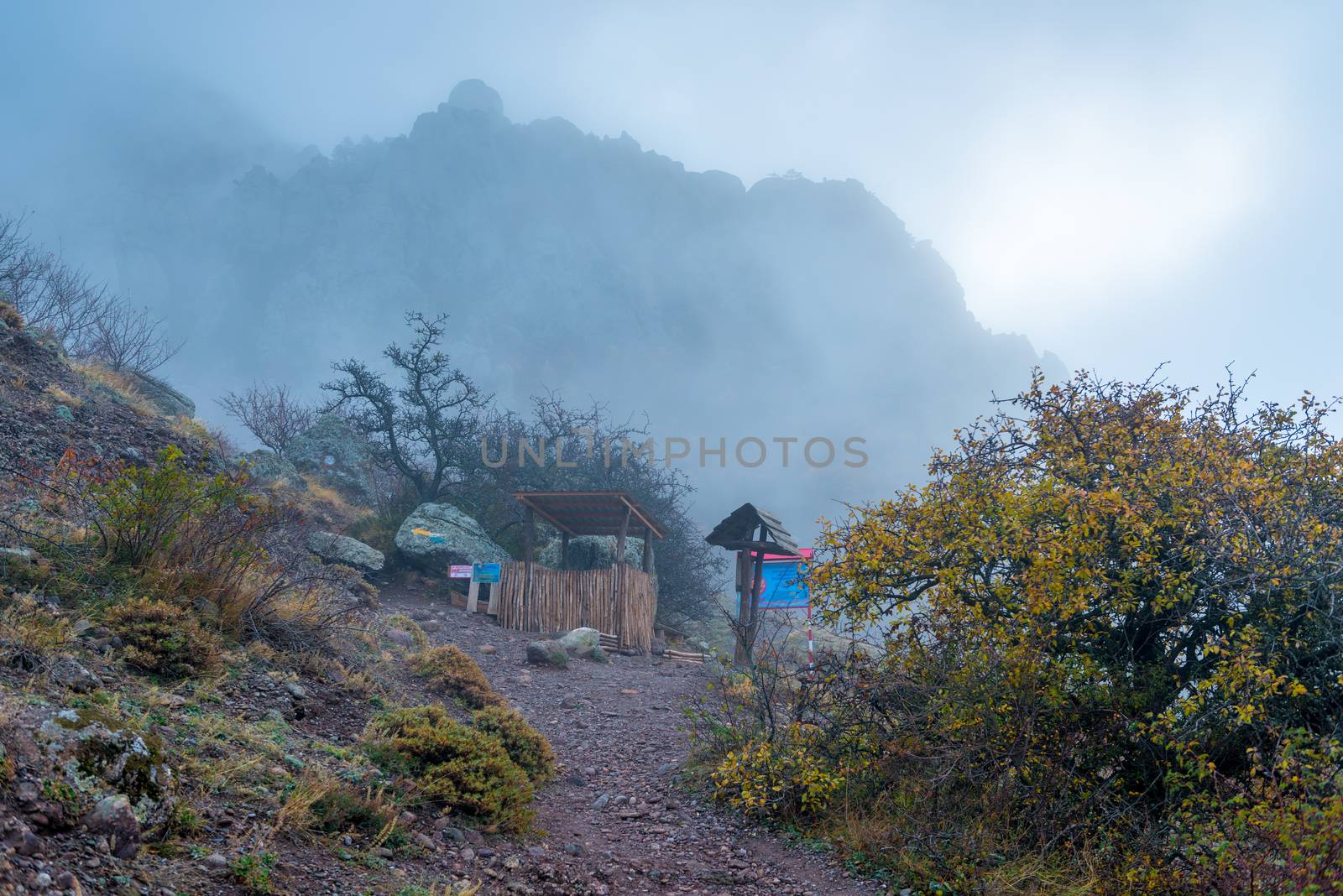 Hiking trail in the mountains, autumn landscape in the fog by kosmsos111