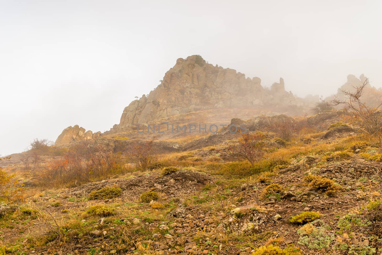 High rocky mountains in autumn in the fog, landscape