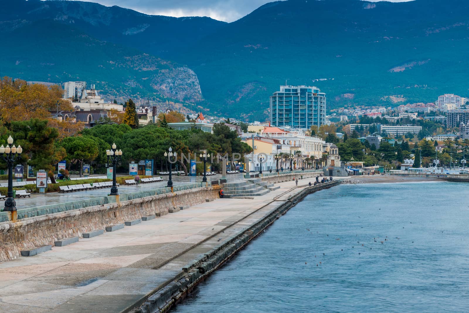 View of the city of Yalta and the embankment, the peninsula of C by kosmsos111