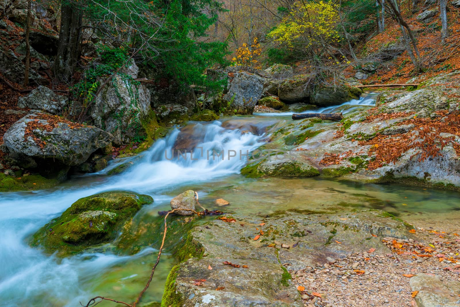 Beautiful landscape of a mountain river among large stones in th by kosmsos111