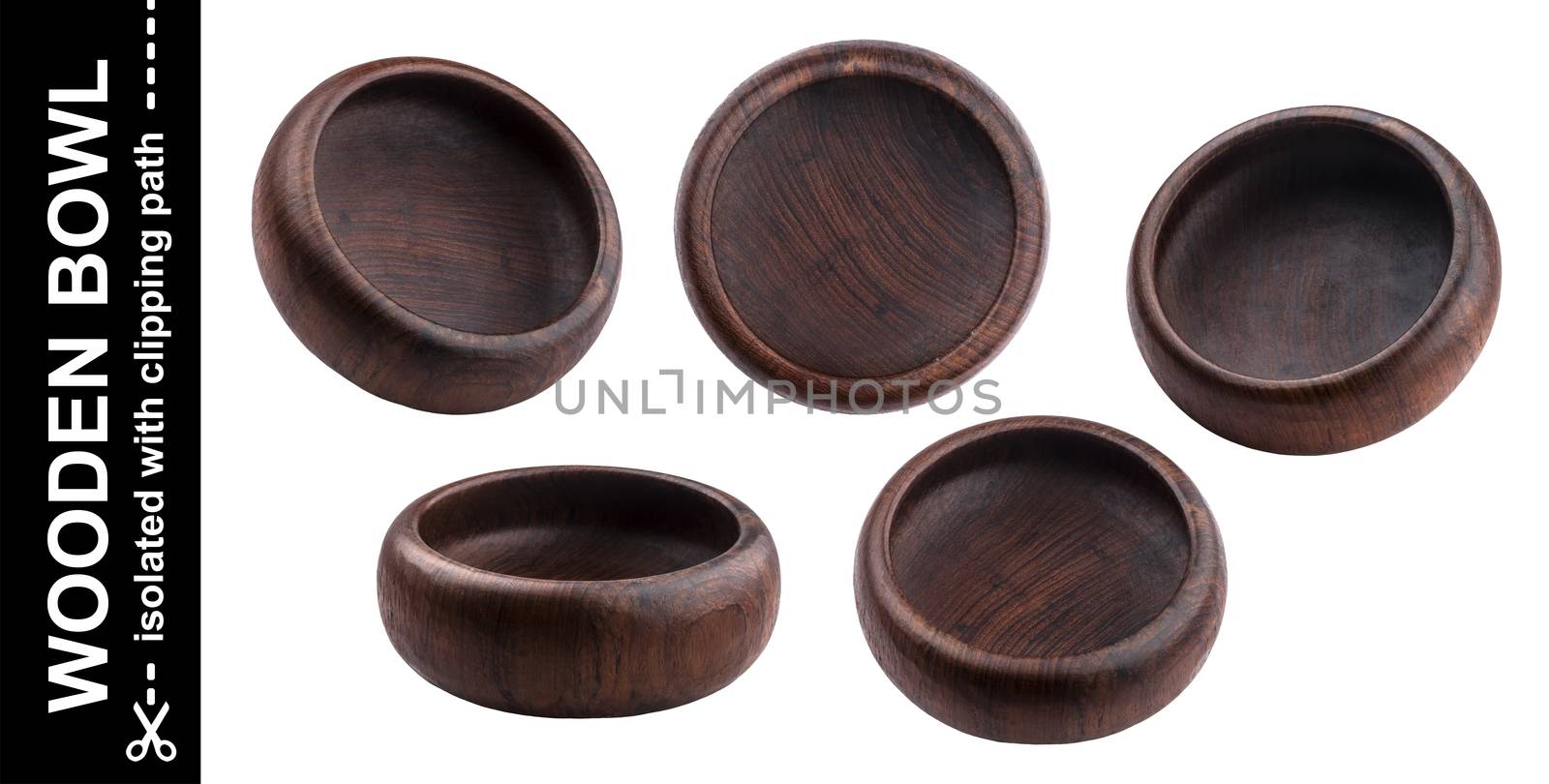 Empty wooden bowl isolated on white background with clipping path