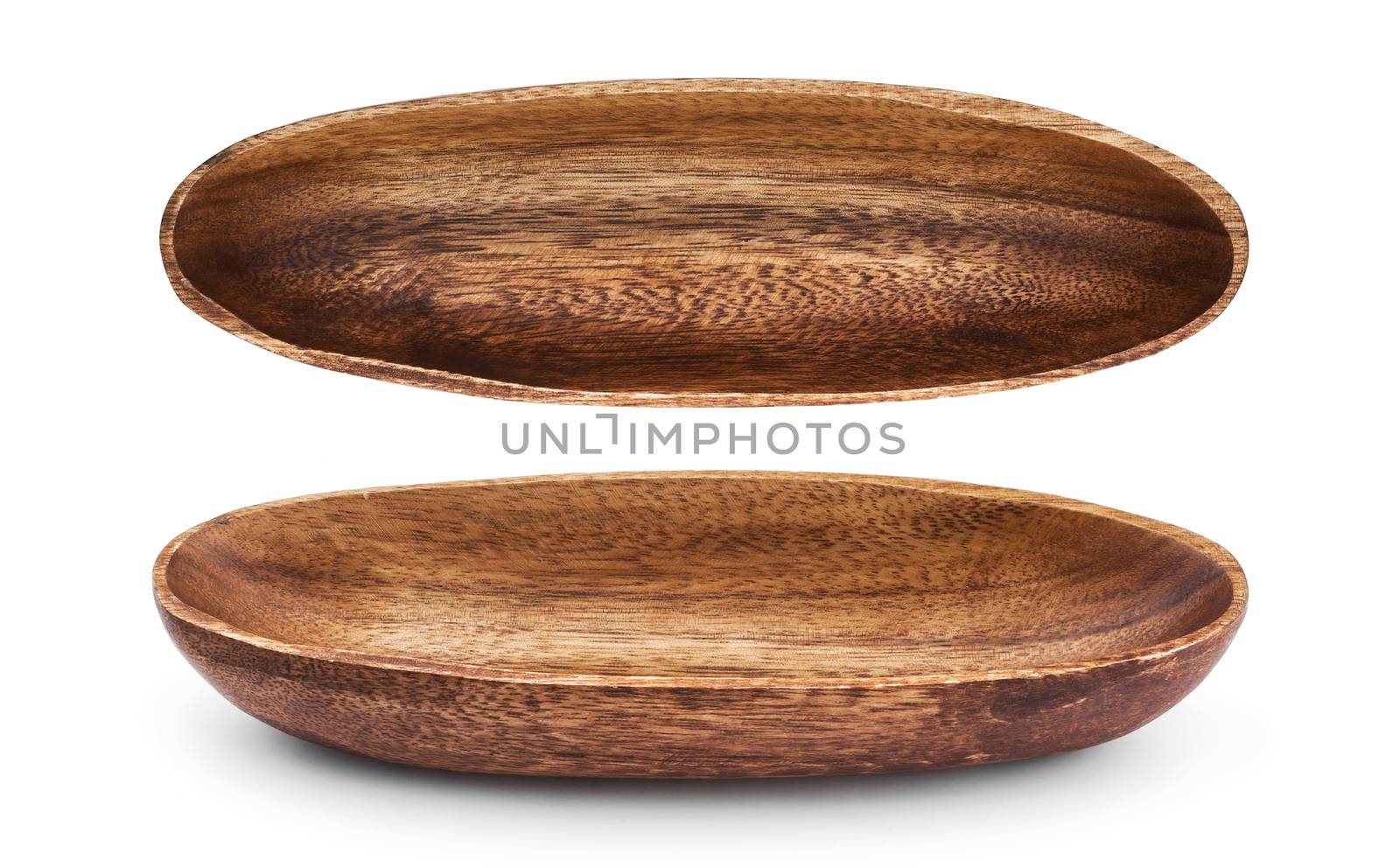 Empty long wooden bowl isolated on white background