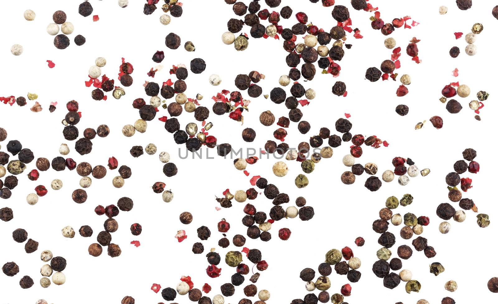 Different peppers isolated on white background (black, red, green and white peppercorns) by xamtiw