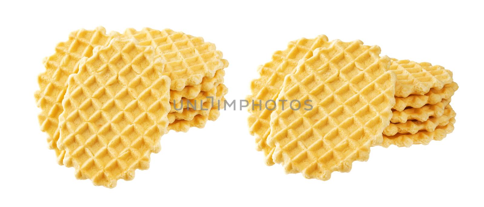 Stack of belgian waffles isolated on white background with clipping path. Collection
