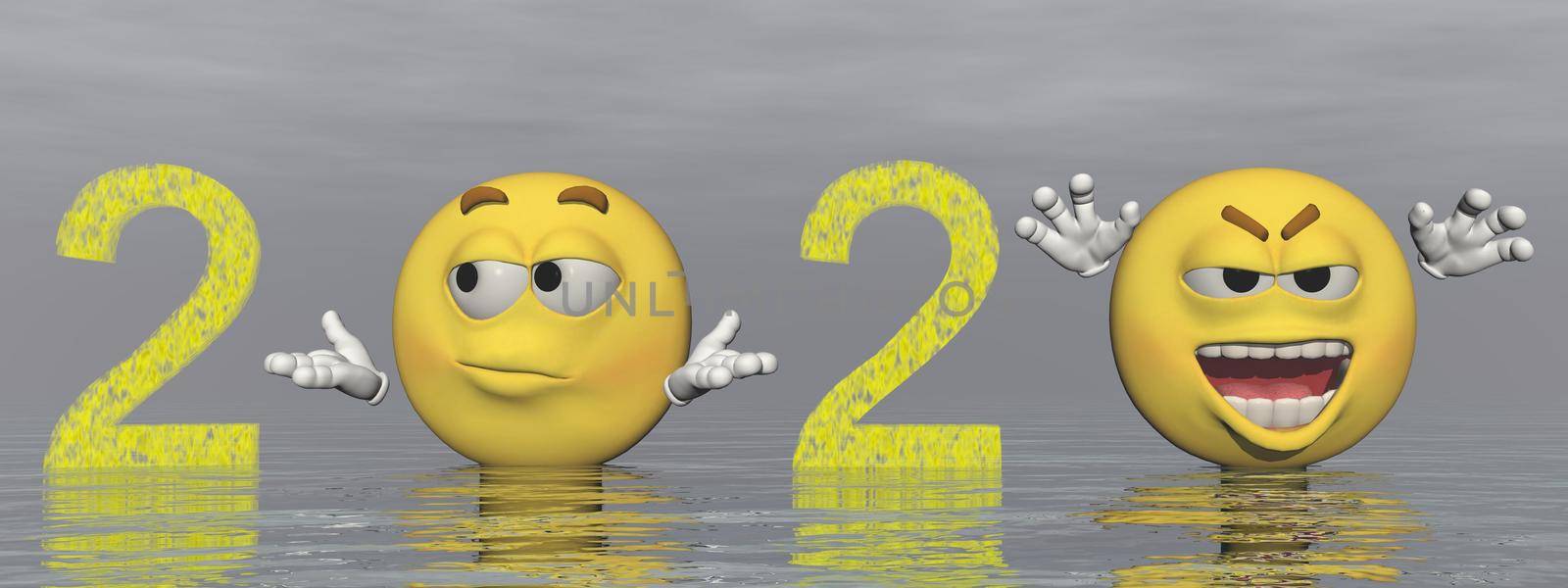 happy new year 2020 with yellow smileys - 3d rendering