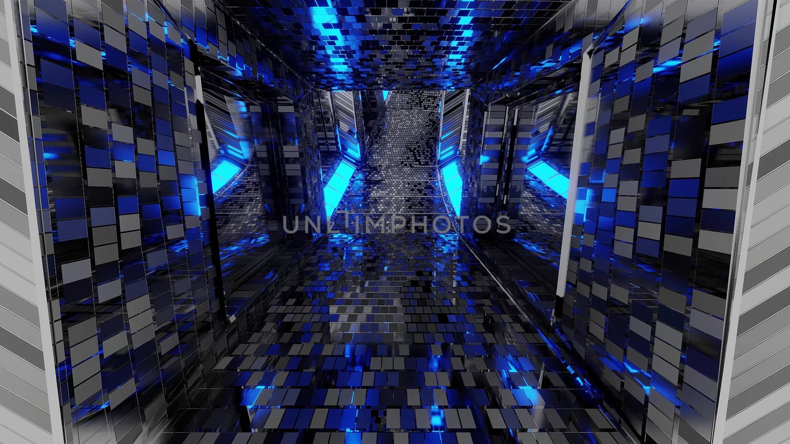 futuristic reflective sci-fi tunnel corridor with glowing lights and bricks texture 3d illustration background wallpaper by tunnelmotions