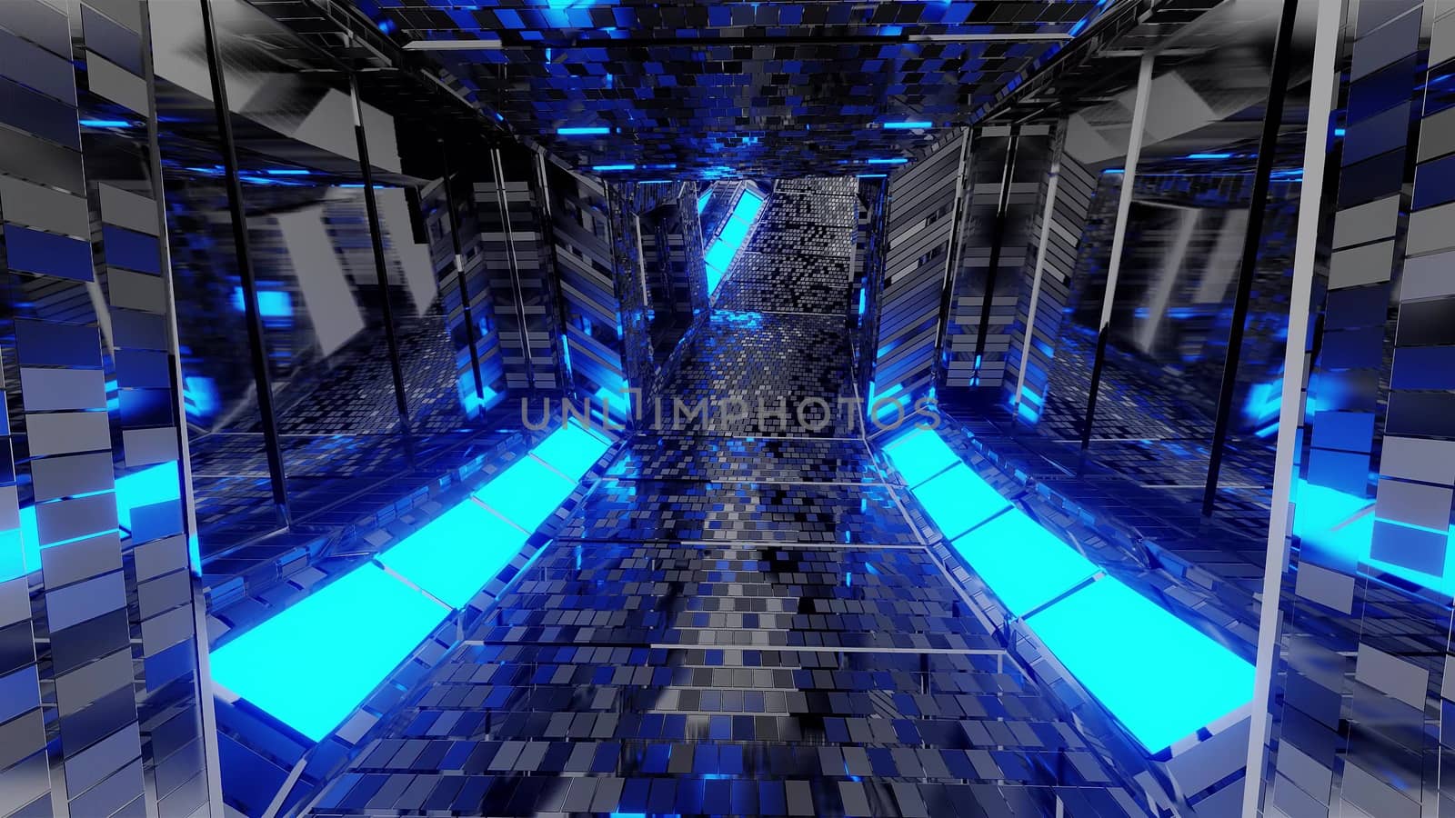 futuristic reflective sci-fi tunnel corridor with glowing lights and bricks texture 3d illustration background wallpaper, moder 3d rendering design,