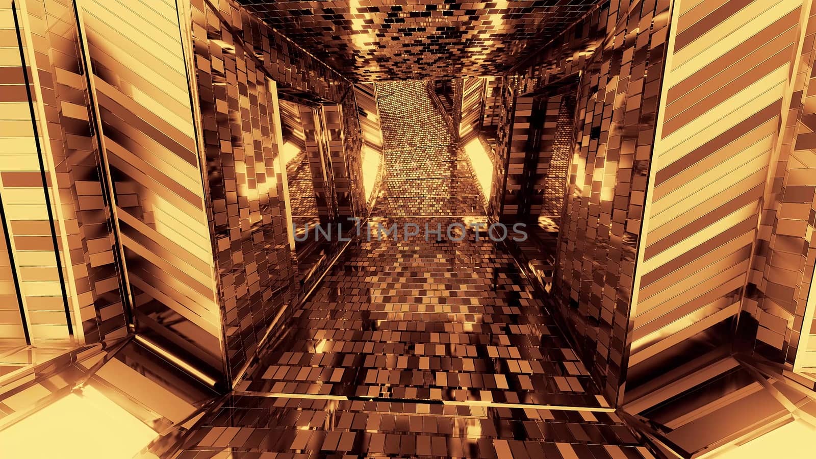 futuristic reflective sci-fi tunnel corridor with glowing lights and bricks texture 3d illustration background wallpaper, moder 3d rendering design,