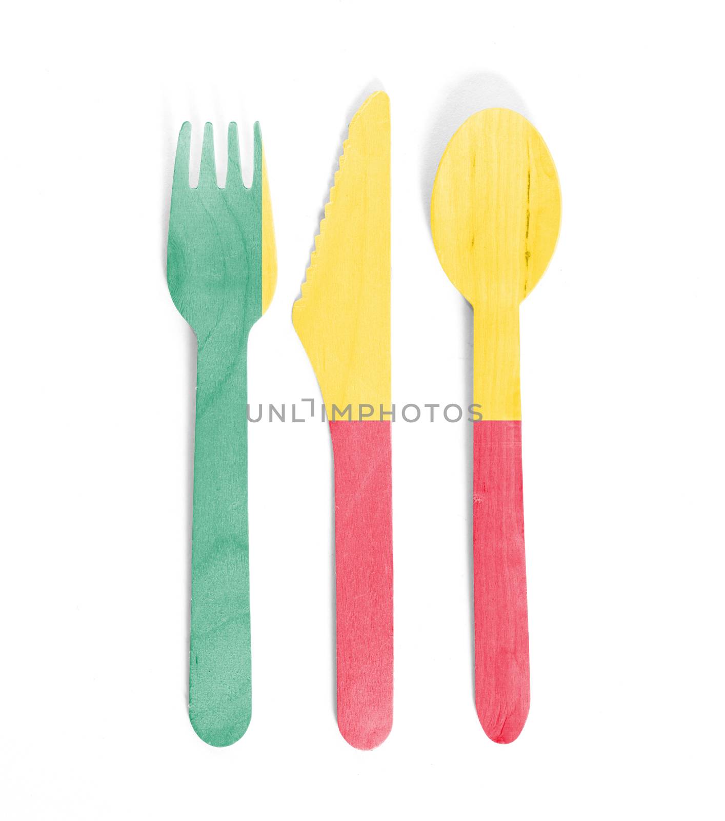 Eco friendly wooden cutlery - Plastic free concept - Isolated - Flag of Benin