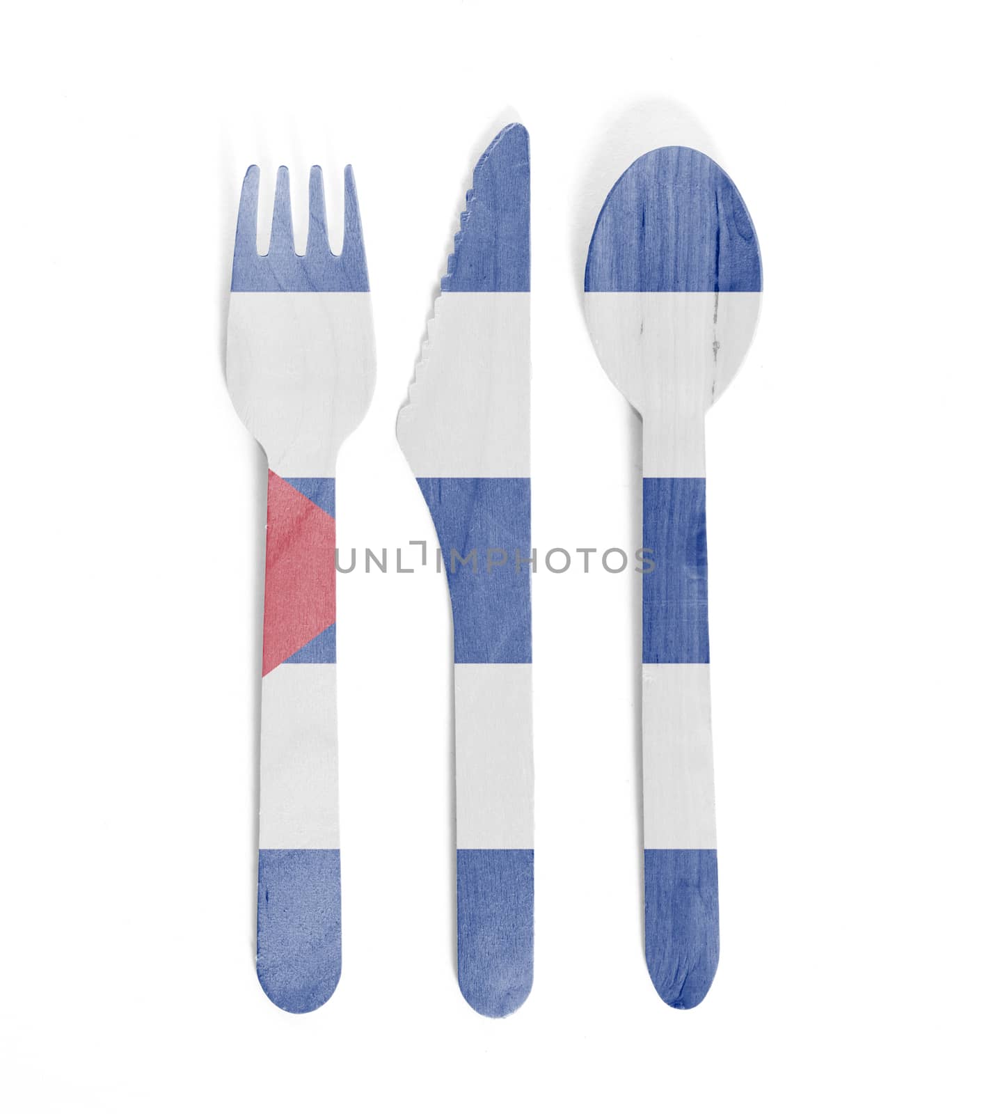 Eco friendly wooden cutlery - Plastic free concept - Isolated - Flag of Cuba