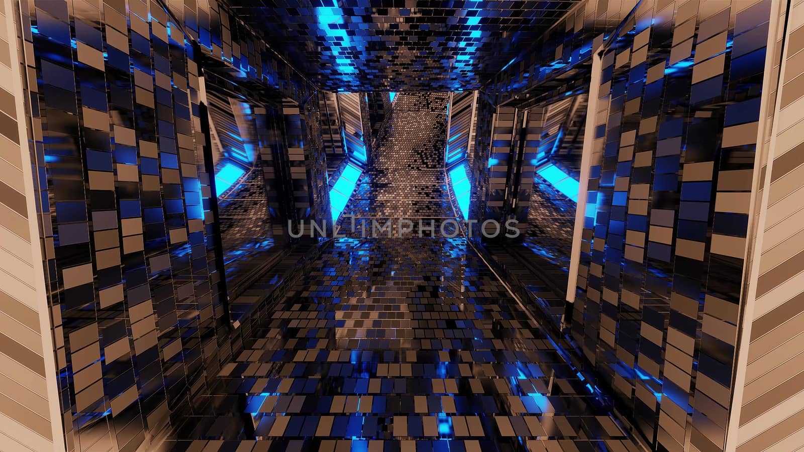 futuristic reflective sci-fi tunnel corridor with glowing lights and bricks texture 3d illustration background wallpaper by tunnelmotions