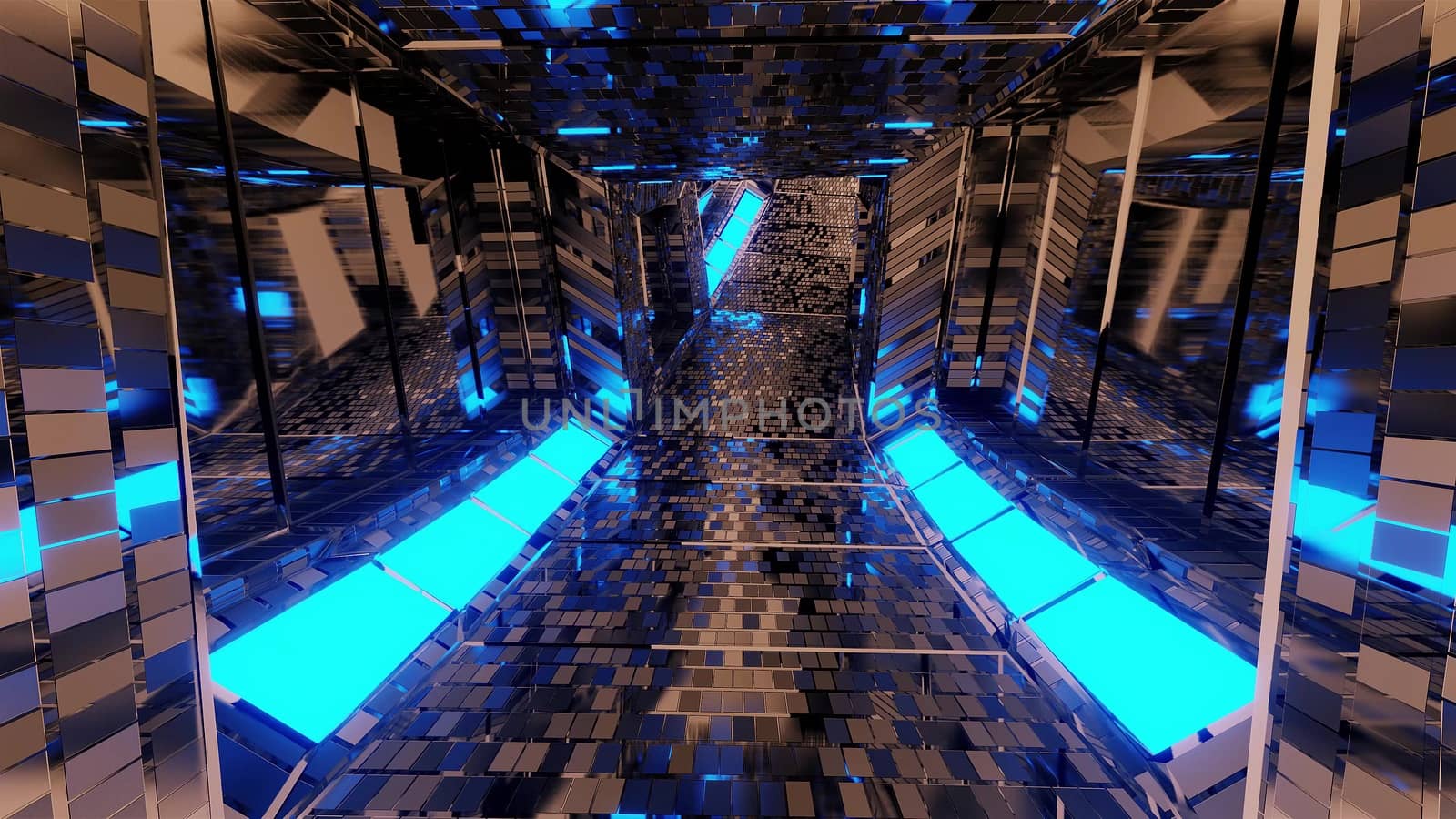 futuristic reflective sci-fi tunnel corridor with glowing lights and bricks texture 3d illustration background wallpaper, moder 3d rendering design,