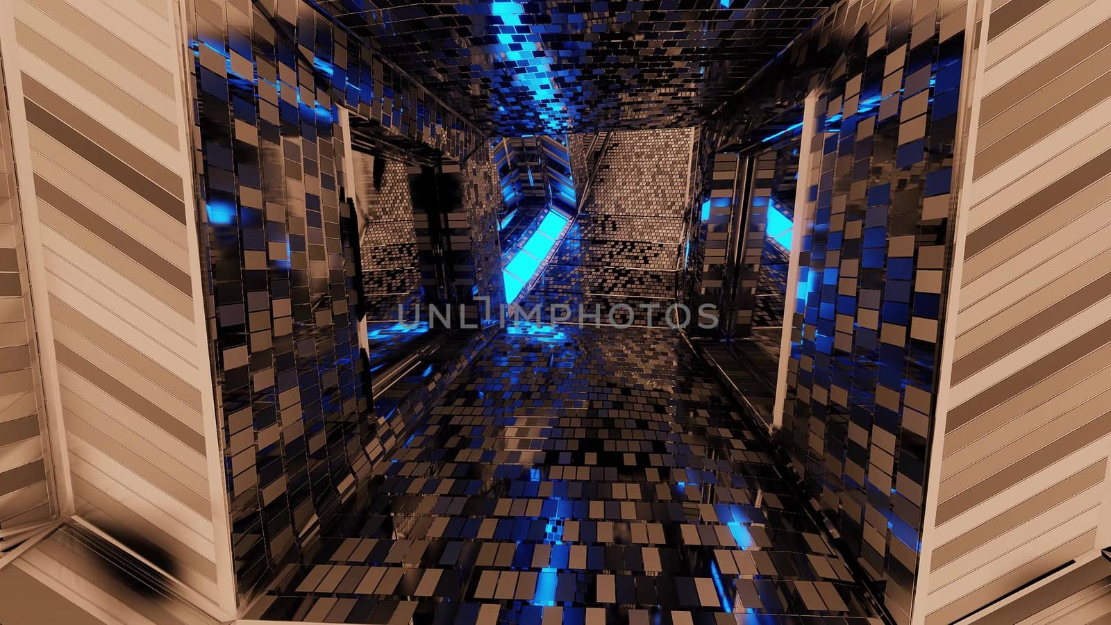 futuristic reflective sci-fi tunnel corridor with glowing lights and bricks texture 3d illustration background wallpaper by tunnelmotions