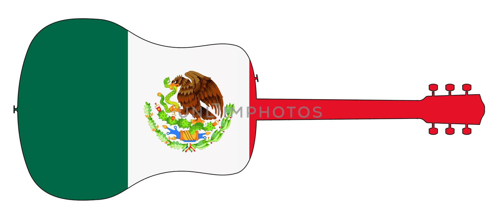 A typical acoustic guitar silhouette isolated over a white background with a Mexico flag